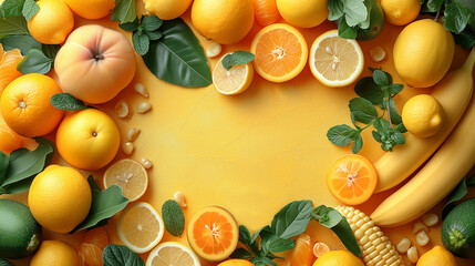 Yellow orange fruits vegetables arranged textured yellow background, highlighting freshness variety...