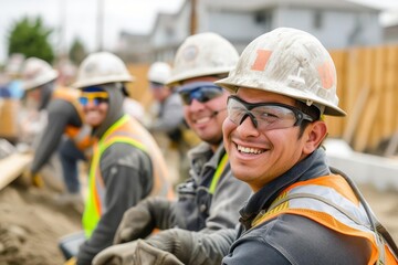 Group of construction workers smiling and working together Wearing safety gear and uniforms Emphasizing teamwork and safety on the job site