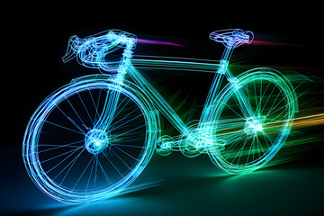 Neon wireframe bicycle isotated on black background. Created with generative AI.