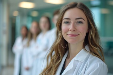 Fototapeta premium Portrait of a young healthcare student with her team Showcasing the future of medicine and the importance of medical education in a hospital setting