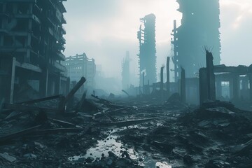 Post-apocalyptic cityscape with ruins and destruction Evoking a sense of desolation and the resilience required to survive in a drastically changed world