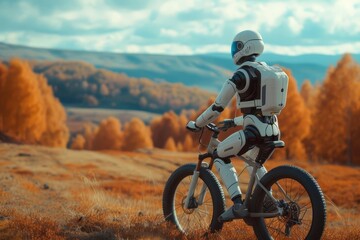 Robot experiencing human-like emotions while riding a bicycle through an autumn landscape Symbolizing ai development and emotional intelligence