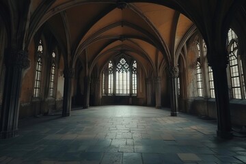 Renaissance-inspired empty hall with dark gothic elements Creating a mysterious and atmospheric backdrop for creative and historical projects Emphasizing depth and architectural beauty