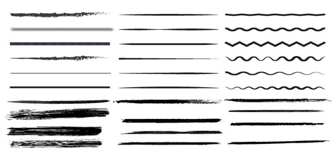 Set of wavy horizontal lines. Marker hand-drawn line border set and scribble design elements. Lines hand drawn paint brush stroke. Vector set isolated on white. Hand drawn scribble.Black ink texture - obrazy, fototapety, plakaty