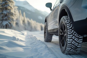Fototapeta na wymiar Winter tire showcasing an suv on a snowy road Emphasizing safety and reliability for family travel to ski resorts Capturing the essence of winter adventures and family vacations