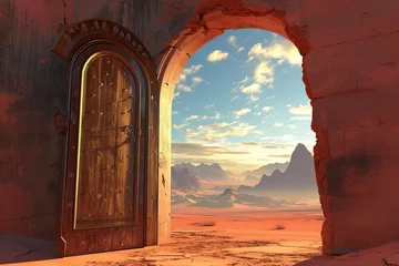  3d illustration of an open door leading to a desert landscape Embodying concepts of the unknown New beginnings And exploration © Bijac