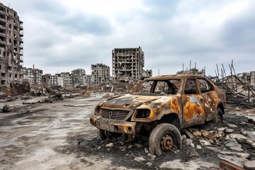 Fototapeta premium A post-apocalyptic ruined city Depicting the aftermath of destruction With burnt-out vehicles and destroyed buildings Symbolizing the resilience required to rebuild and recover