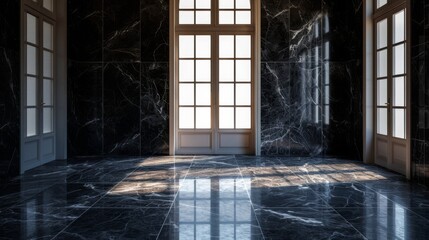 Bright spacious room. Black marble elegance