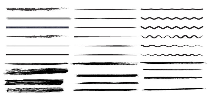 Set of wavy horizontal lines. Marker hand-drawn line border set and scribble design elements. Lines hand drawn paint brush stroke. Vector set isolated on white. Hand drawn scribble.Black ink texture