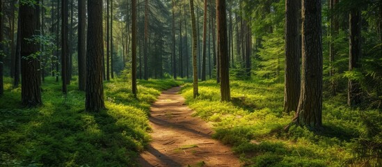 Coniferous forest's eco trail during summer.