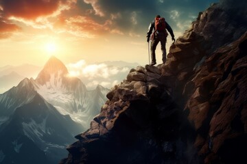 Ambitious Man climbing mountain. Man outdoor fit. Generate Ai - obrazy, fototapety, plakaty