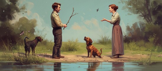 Old oil painting representing two people playing with dogs in nature by the river on a summer day, the man is about to throw a stick for the dogs to bring it back, a good walk on sunday afternoon - obrazy, fototapety, plakaty