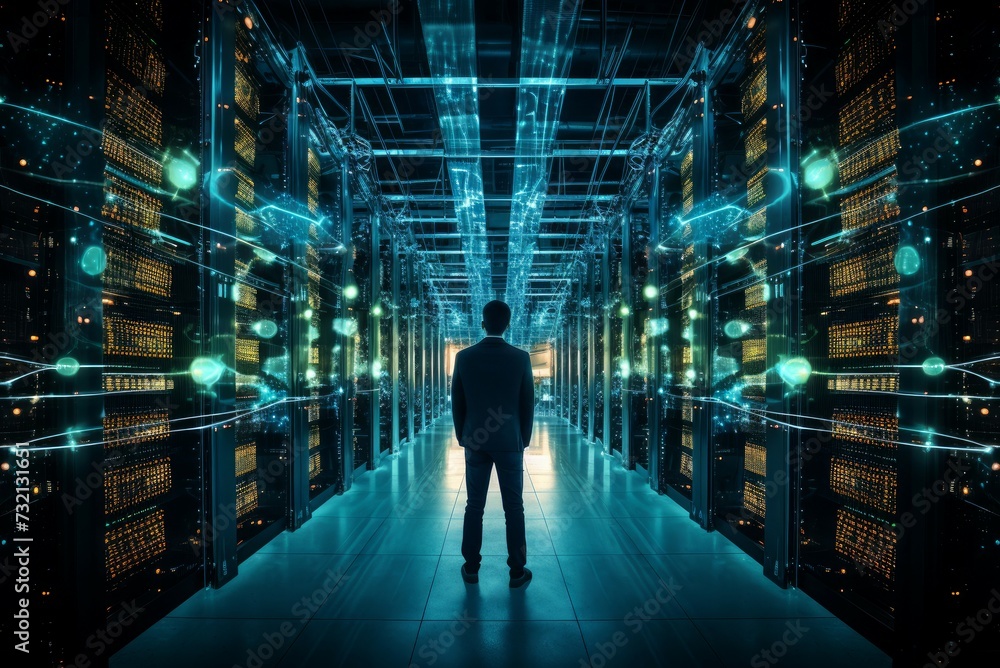 Poster secure man data center. worker computer. generate ai
