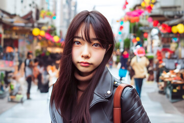 street snapshot image of smiling Asian young woman