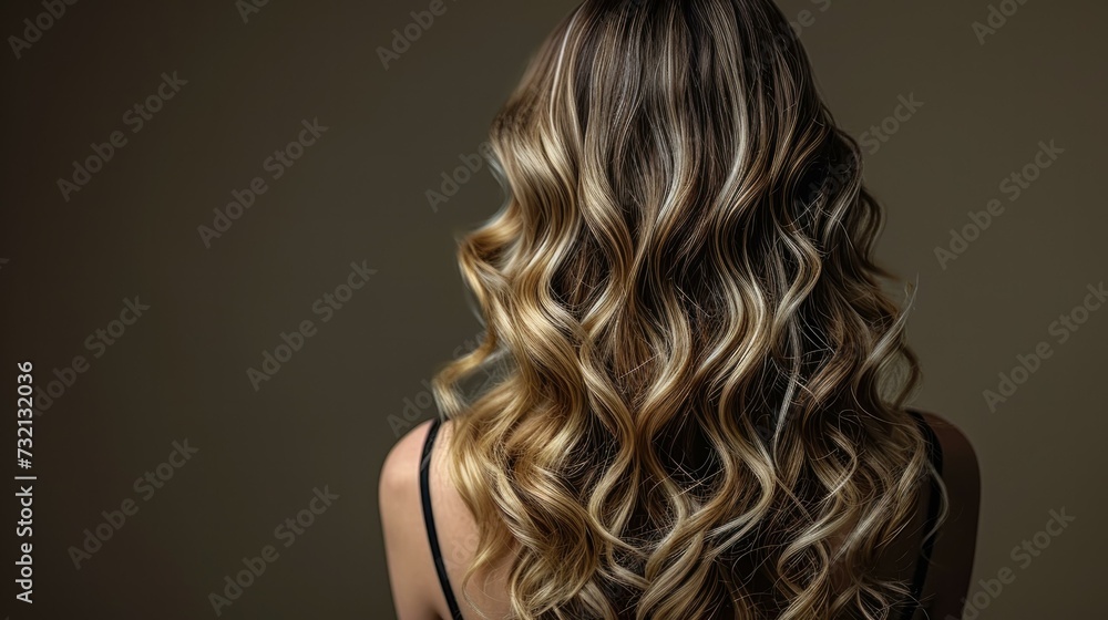 Canvas Prints Beautiful blonde woman with long wavy hair, isolated on brown background. Haircare concept. Generative AI.