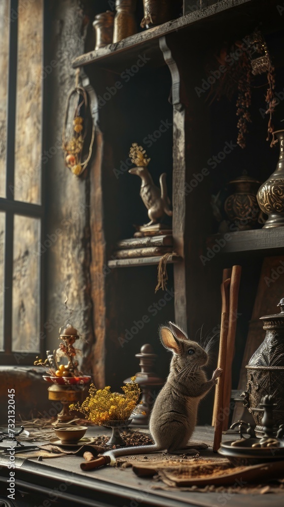 Poster a cute rabbit sitting on a rustic table surrounded by decorative items. generative ai.