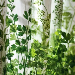 A shower curtain with a fresh herb pattern, bringing aromatic vibes to your bathroom. Generative AI.