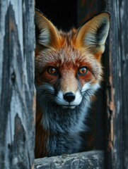 Obraz premium A curious fox peeks through a wooden house window. Generative AI.
