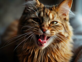 A cat yawning with its mouth open. Generative AI.