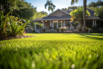 Close-Up of Fresh Cut Grass with Florida Home and Lawn in Background