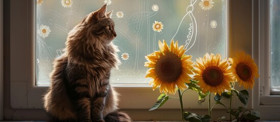 A carnivorous feline of Felidae family peacefully rests on a window sill amidst sunflowers, an annual plant with vibrant petals.