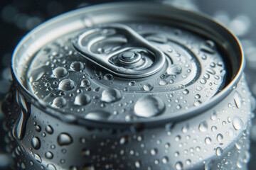 A close up of a can of soda with water drops on it