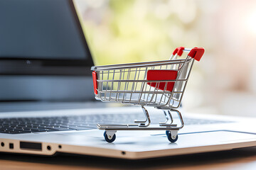 shopping cart on laptop. concept of shopping, 
e-commerce and online shop