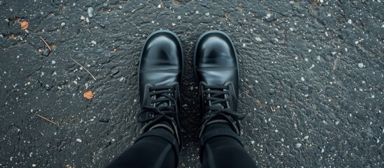 A woman's perspective captured with black shoes from her point of view. - obrazy, fototapety, plakaty