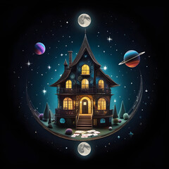 A surreal eerie house with planets above, isolated