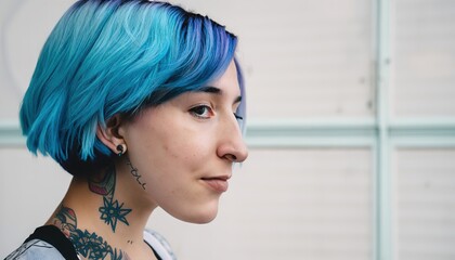 Close-up portrait of a tattooed girl with blue dyed hair