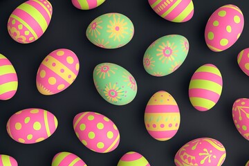 Fototapeta na wymiar Background pattern of Easter eggs with neon colors on a dark background