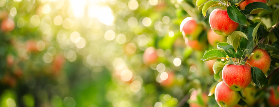 Close up of a unfocused background of red apple trees on a farm