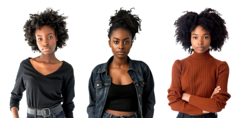 Three beautiful young African women wearing casual clothes over white transparent background