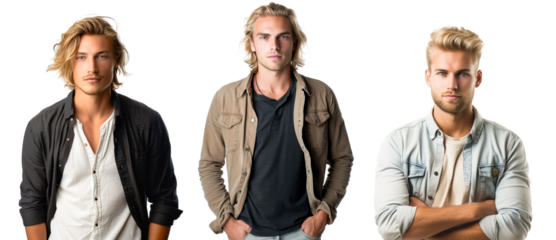 Three attractive young blond hair men posing with urban clothes over isolated transparent background