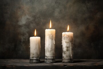 Fototapeta na wymiar three white candles lit by a dark background (1)