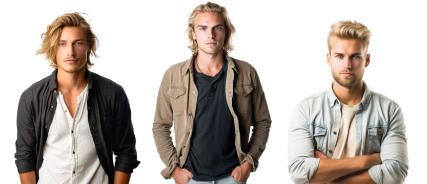 Three attractive young blond hair men posing with urban clothes over isolated transparent background - Powered by Adobe