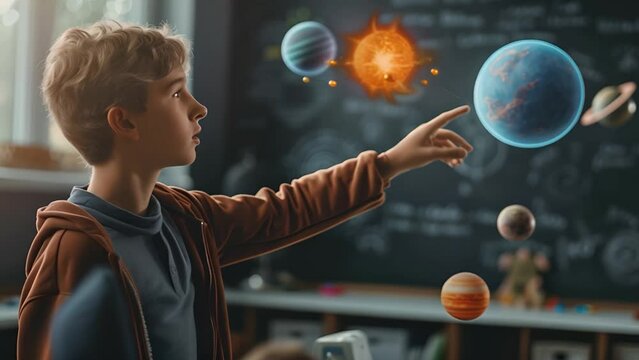 A curious boy interacts with solar system hologram in a classroom setting, finger aimed at brightly glowing holographic planet
