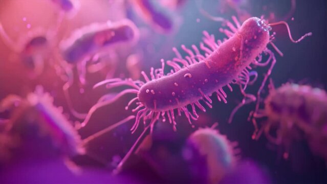 A microscopic view of E. coli bacteria with antibiotic effect, showcasing their distinctive rod shape and flagella amidst other cellular debris in a vibrant, almost alien landscape