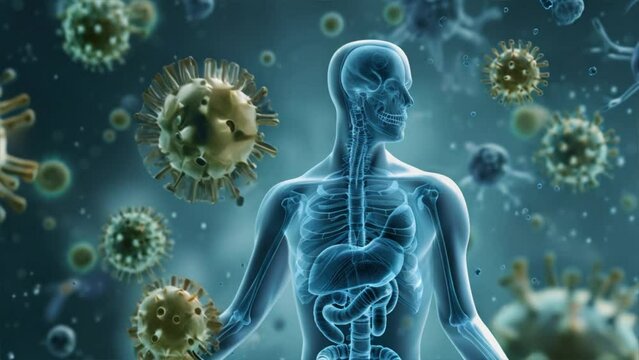 Digital rendering of human anatomy with highlighted immune response, depicting a transparent body with internal organs surrounded by virus particles