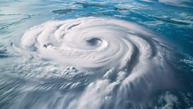 Aerial view of a powerful hurricane swirling over the ocean, showcasing nature's dynamic force and elegant patterns