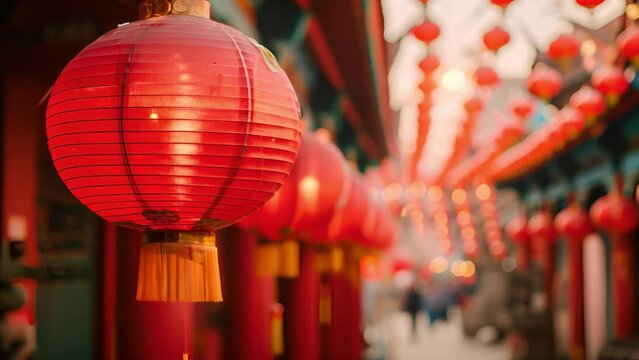 Vibrant red lanterns hang in a row at a traditional Chinese temple, glowing against the twilight sky