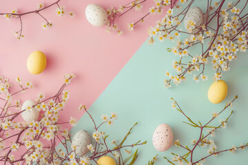 Obraz na płótnie Canvas Pastel colors Easter layout banner with copy space in the middle for text or advertisement