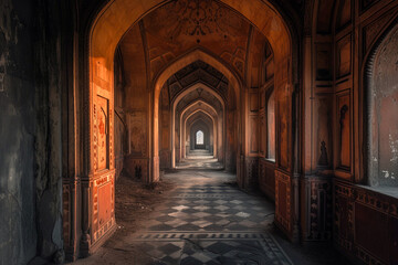 Abandoned and mysterious mosque interior hall with no people