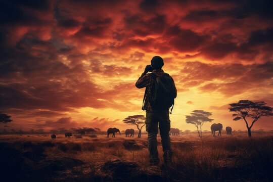 Resourceful Safari man photographer elephants. Animal trip. Generate Ai