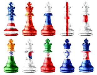 King chess pieces with USA America, China, Russia, England, Japan, Indian, South Korea, Iran, Israel and North Korea flags. Isolated over white transparent background