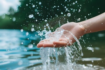 Closeup of woman's hand holding fresh water splashing in the lake