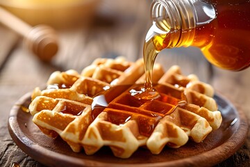 Belgian waffles with honey pouring from a bottle of maple syrup