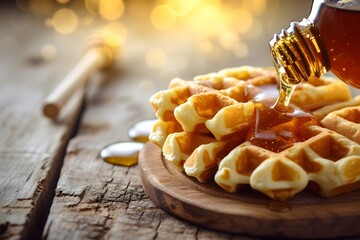 Belgian waffles with honey pouring from a bottle of maple syrup