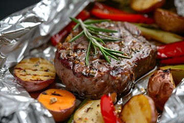Grilled beef steak with rosemary and baked vegetables on foil. Close up view