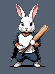 rabbit with sharp gaze, holding baseball bat, with shield mascot logo, highly detailed t-shirt design